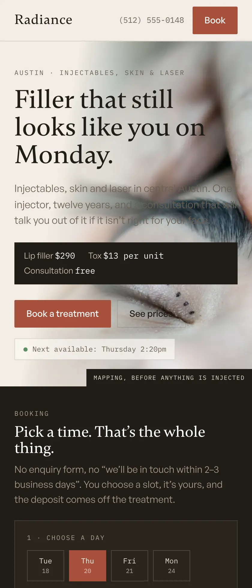 The rebuilt Radiance homepage: treatment prices in the hero, and a booking step showing a day picker, available times with taken slots struck through, and a confirmation panel with the deposit.