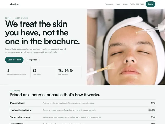 The Meridian demo homepage: a split layout with a clinical photograph and a course-price list.