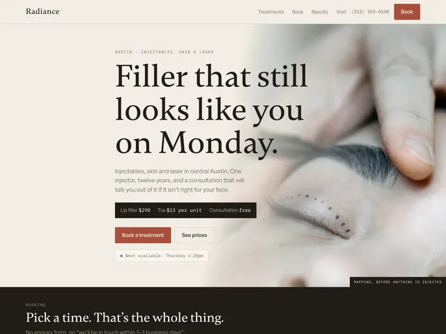 The Radiance demo homepage: a full-bleed treatment photograph with the headline set into it.