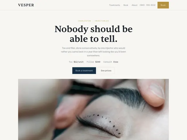 The Vesper demo homepage: a centred ivory layout with a deep blue booking band.
